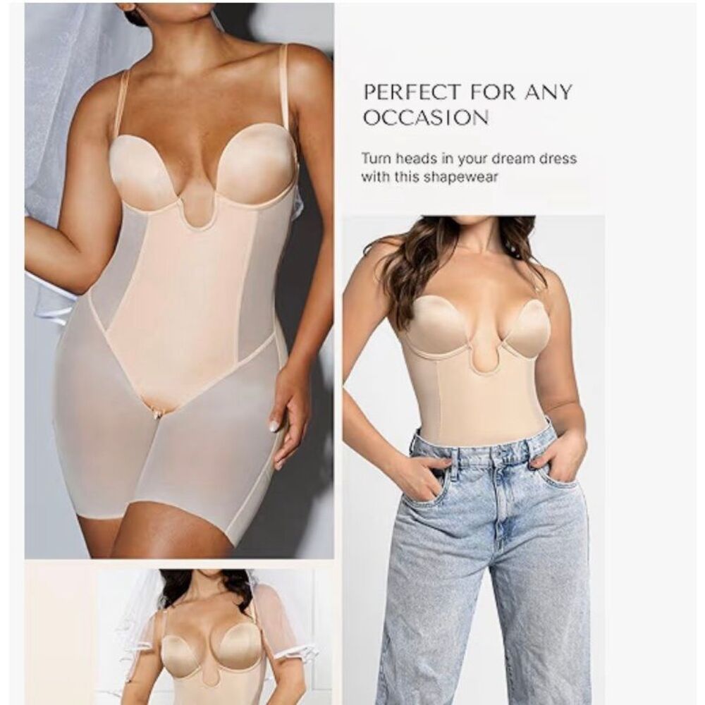 SHAPELLX Women's Tummy Control U Plunge Strapless Bodysuit Shapewear Tan 3XL NEW
